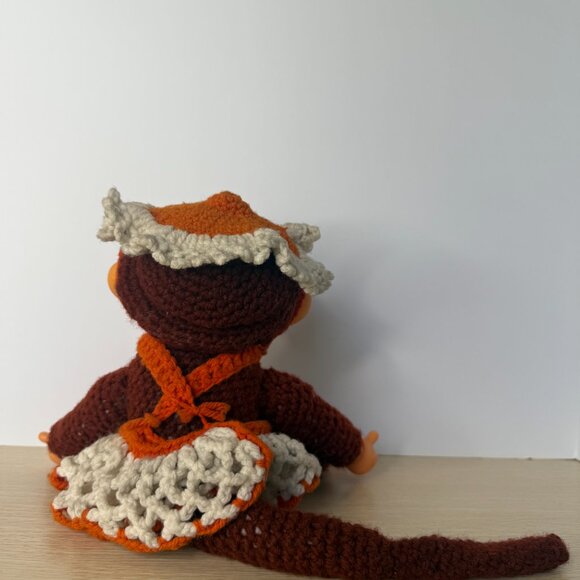 Rare Vintage Rubber Face Stuffed Monkey with Handmade Crochet Dress 1970's - Picture 2 of 6